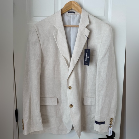 Stafford Sport Coat Jacket Blazer Classic Fit  Cotton Linen Bone Beige 46 NWT - Picture 1 of 14